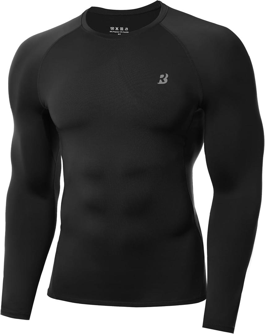 Roadbox Mens Compression Shirt, Cool Dry Long Sleeve Workout Shirts, Running Athletic Football Gym Base Layer Tops UPF 50+ (Medium, Black)