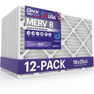BNX TruFilter 16x25x1 Air Filter MERV 8 (12-Pack) - MADE IN USA Dust & Pet Defense Electrostatic Pleated Air Conditioner HVAC AC Furnace Filters for Dust, Pet, Mold, Pollen MPR 600 700 & FPR 5