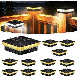 Solar Post Cap Lights 12 Packs for 4x4 Wooden/Vinyl Posts, IP65 Waterproof Fence Post Solar Lights with Warm/Cool/Neutral Lighting, Outdoor Post Lights for Garden, Patio, Porch- Black