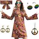 70s Hippie Dress Costumes Necklace Earrings Sunglass Women Disco Outfit, 60s Party Costume, Halloween Retro Dresses (X-Large, Brown)
