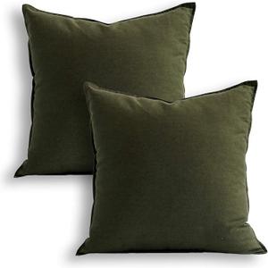 Jeanerlor Pack of 2 24 x 24 Inch Cotton Linen Soft Soild Decorative Square Throw Pillow Covers Green Cushion Case Set for Bedroom/Sofa/Car 60 x 60cm,Olive Green