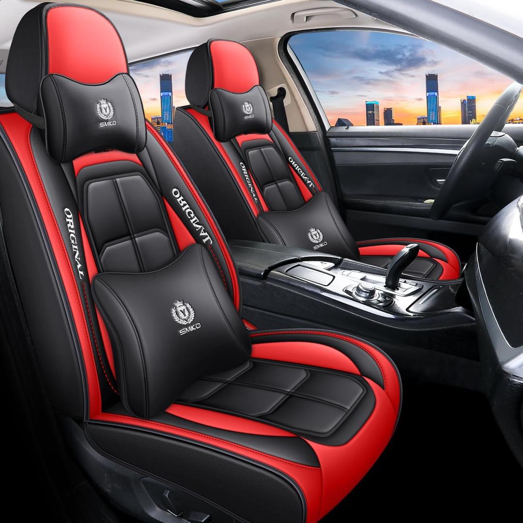 BGYFDU07 Seat Cover 5-Seater Full Set, Universal Type, Suitable for Most Cars, Cars, SUVs, Trucks, Pickup Trucks, Airbags Compatible with Synthetic Leather Car Seat Cushion Protectors (Black-Red)