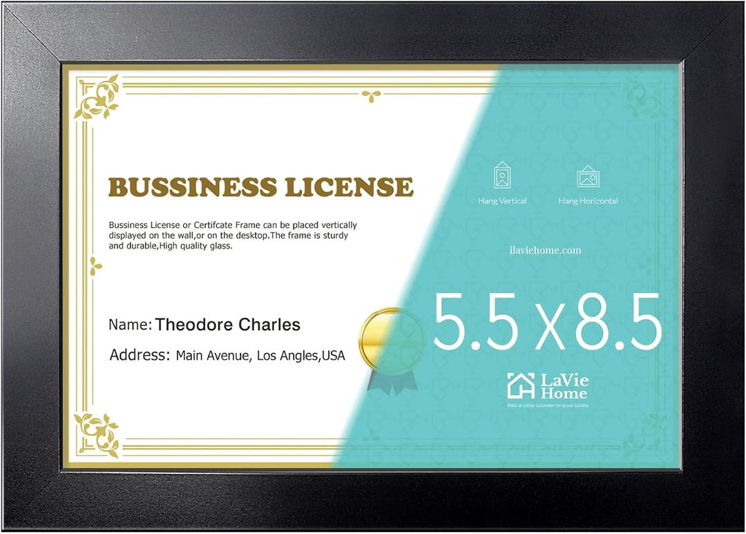 LaVie Home 5.5 x 8.5 Picture Frame Black, 8.5 x 5.5 Business License Frame, Certificate Frames Fit Diploma, Document and Tax Certificate Self Standing with Wall Hangers1 Pack