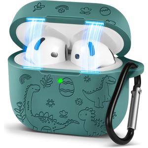 Boaretiu for Airpods 4 Case - 3D Silicone Engraved Elegant Cute Simple Kawaii Unique Cover with Carabiner Keychain for Women Girls Female Girly Dark Green Design for Airpod 4 Case, Dinosaur Animals