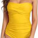 Smismivo Tummy Control Swimwear Strapless One Piece Swimsuit Ruched Bathing Suits for Women Slimming Bandeau Tube Top Bikini (Large)