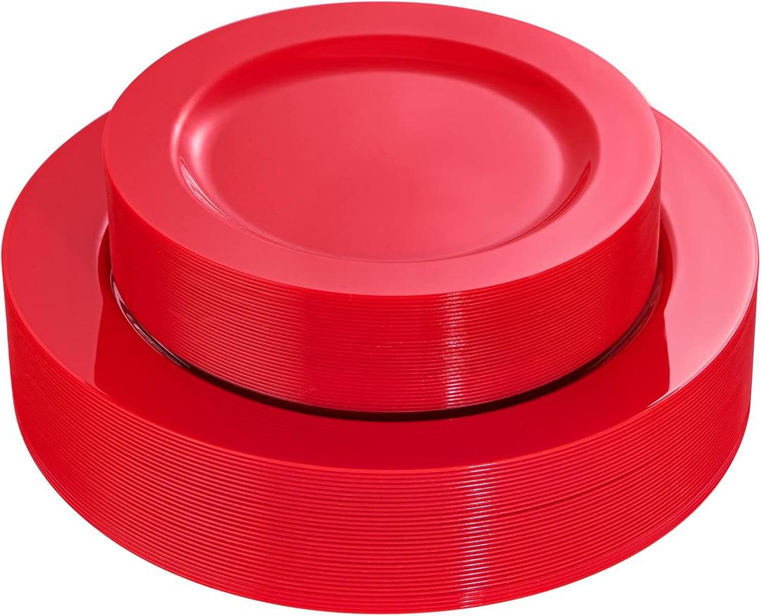 FLOWERCAT 60PCS Christmas Plates - Red Plastic Plates - Heavy Duty Red Plates Disposable for Party/ Wedding - Include 30PCS 10.25inch Red Dinner Plates and 30PCS 7.5inch Red Dessert/ Salad Plates