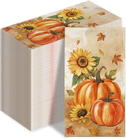 100 Pcs Fall Napkins, Fall Disposable Paper Decorative Guest Napkins, Thanksgiving Harvest Pumpkin & Sunflower Hand Towel for Party Lunch Dinner Kitchen Bathroom Decor