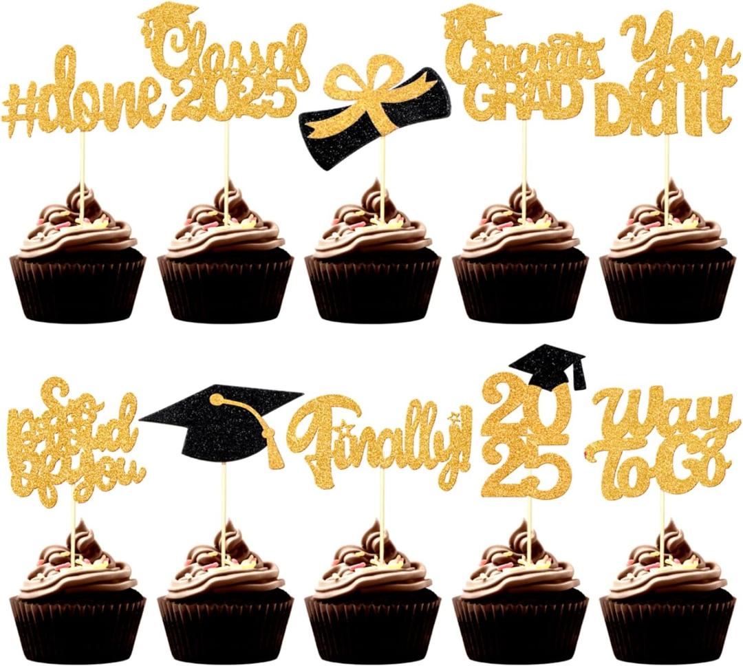 100 Pcs Graduation Cupcake Toppers Congrats Grad Class of 2025 Graduation Cupcake Picks Toppers Diploma Supplies for Party Decorations(Gold)