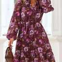PRETTYGARDEN Women's Fall Boho Dresses 2026 Floral Long Sleeve V Neck Mini Flowy Wedding Guest Dress Trendy Vacation Outfits (M)