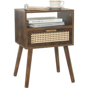 MaxSmeo Mid Century Nightstand, Rattan Side Table with Drawer, Wood Modern Bedside Table for Bedroom, Living Room and Small Spaces (Rustic Brown)