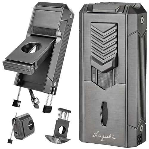 6-in-1 Torch Lighter with Twin Nubber, Auto-Pop V-Shape Clipper, Draw Enhancer, Holder and Punch, Refillable & Adjustable Windproof Butane Lighter, Premium Gift Box for Men & Travel Essential