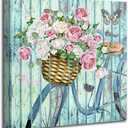 Anolyfi Bathroom Rustic Floral Print Wall Art Flowers Bicycle and Butterfly Canvas Painting, Vintage Scenery Aqua Picture Artwork Framed for Living Room Bedroom Kitchen Office Home Decor 20"x20"