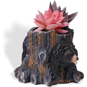 5 Inch Black Bear Succulent Planter - Small Resin Tree Stump Flower Pot with Drainage Hole, Cute Animal Container for Cactus, Indoor Desktop Decor Gift