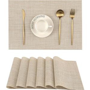 Leetaltree Blue Placemats Set of 6 - Heat Resistant Non-Slip Place mats for Dining Table, Washable Durable PVC Vinyl Woven Table Mats, Beige