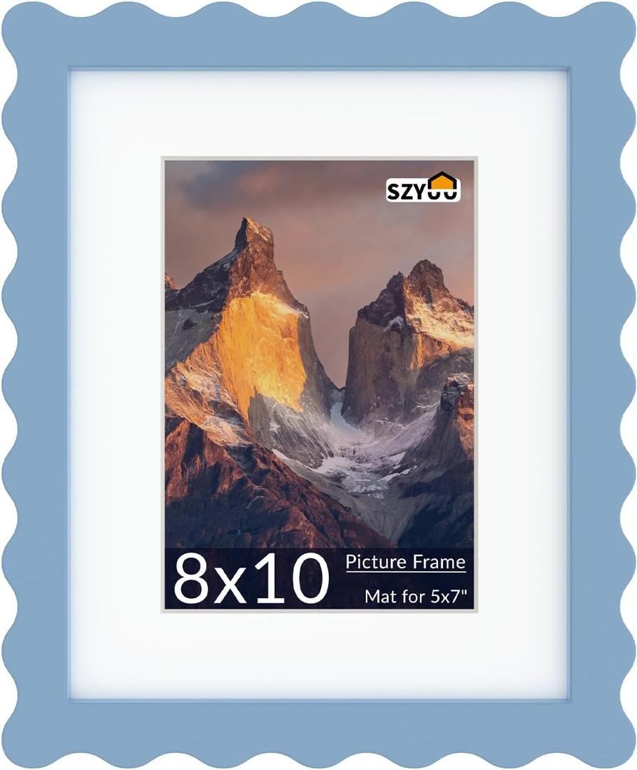 8x10 Wavy Picture Frame with Mat for 5x7, Real Glass and Wooden Frame - Tabletop or Wall Hanging Photo Frame (Pack of 1, Blue)