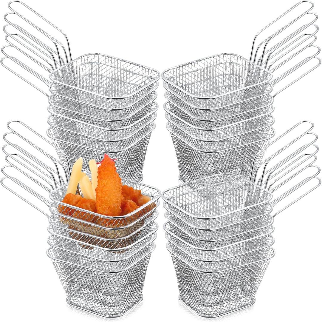 24 Pcs Mini Square Fry Basket Stainless Steel French Fries Holder Deep Fryer Baskets Square Mesh Food Holder with Handle Table Serving Chips Baskets for Kitchen Restaurant Barbecue (Sliver)