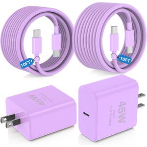 45W USB C Fast Charger for iPhone 17/ Air/16/15 Pro Max,2Pack 10FT Type C Charger Block & Cable, PD 3.0 Super Fast Charging for iPad Pro MacBook Air/Pro M1/M2, AirPods-Purple
