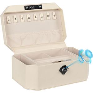 Jewelry Safe，Biometric Fingerprint safe, Leather Wrapped Jewelry Box with Lock, Quick-Access & Keyless Entry(Two-Tier White)