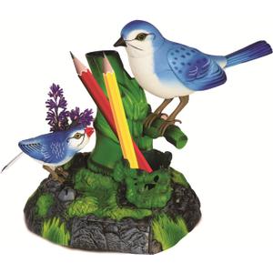 Haktoys Singing Chirping Birds with Penholder and Mini Drawer - Battery Operated Realistic Bird Motion & Sound (Batteries Included) Great Office Desk and Room Accessory