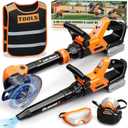 KidBloom Kids Gardening Tools Set with Vest, 2-in-1 Kids Lawn Mower & Kids Leaf Blower with Lights & Sounds, Toy Weed Wacker with Goggles & Mask, Outdoor Pretend Play Toys, Birthday Gifts for Boys 3+ (Orange)