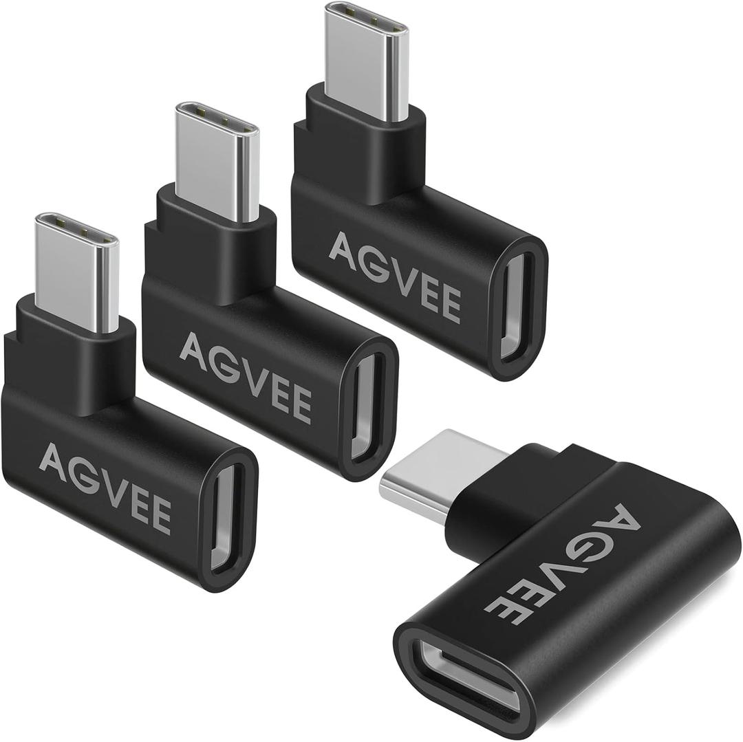AGVEE 4 Pack Side Angle 90 Degree USB-C Male to USB-C Right Angled Female Adapter (Type-C 3.2 Gen 2) Converter Video Type-C 10G Data Extension Coupler Converter Connector, Black