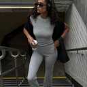 AYWA Women's 2 Piece Lounge Sets Short Sleeve Crop Top Foldover Flare Pants Casual Pajama Outfits (Gray, L)