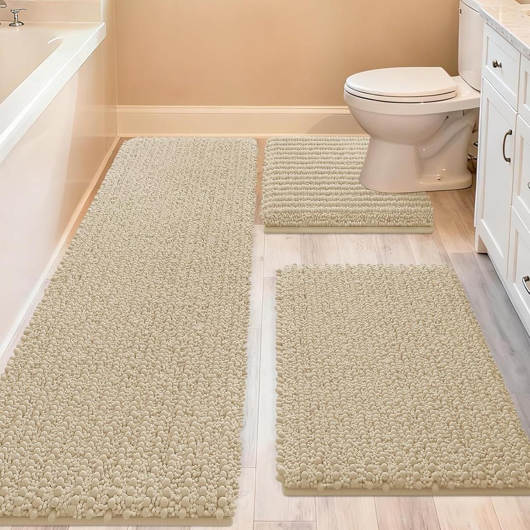 ACCUMTEK Upgrade Extra Large Beige Bathroom Rug Set 3 Pieces Ultra Soft, Thick Absorbent Bath Mats, Non Slip Chenille Toilet Mat for Bathroom, Bedroom, Kitchen