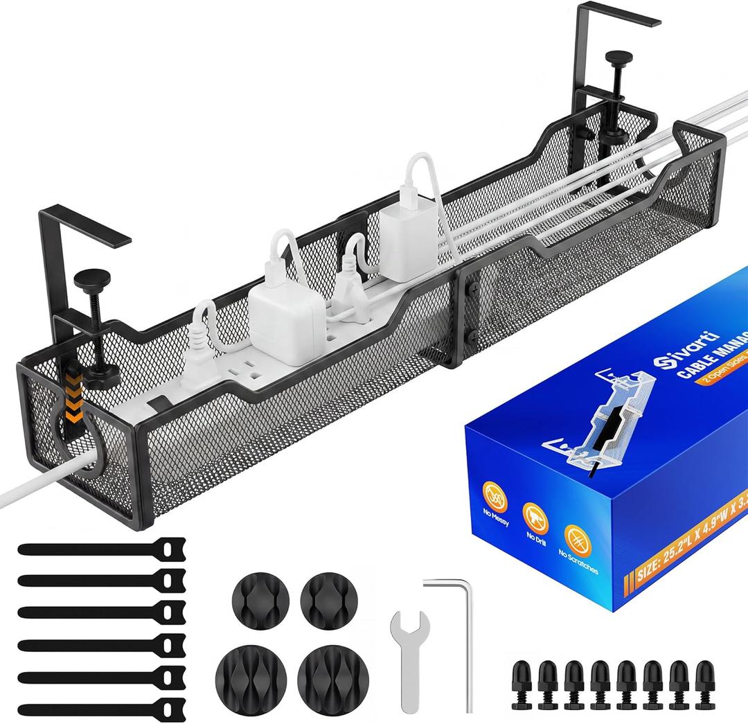 2 pack Upgraded 25.2'' Under Desk Cable Management Tray, No Drill Clamp-On Design Wire Organizer, Cable Organization Box for No Damage to Desk, Metal Cord Organizer for Home Office, Black