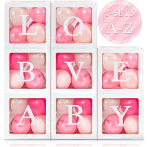 Geyee 8 Pcs Transparent Balloon Box with 78 Letters for Baby Shower 3 Sets of A-z Clear Balloon Box for Gender Reveal Birthday Bridal Wedding Decorations(White)