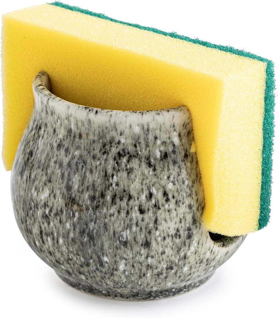 Ceramic Sponge Holder, Kitchen Sponge Holder Sink Caddy Organizer Dish Rack for Kitchen Sink Suction, Bathroom, Brush, Special Gray (Barrel-type)