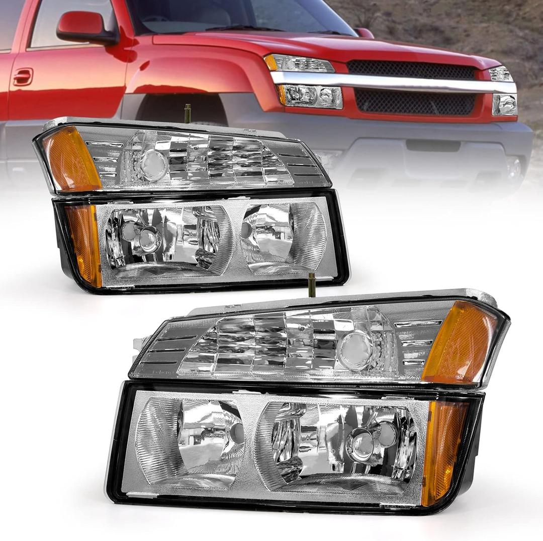AS Headlight Assembly for 2002 2003 2004 2005 2006 Chevy Avalanche 1500 2500 Fits Body Cladding Models with Chrome Housing Amber Reflector Passenger and Driver Side