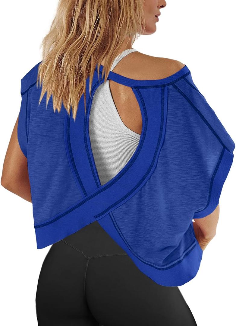 Panadila Womens Open Back Workout Top Oversized Workout T Shirts Backless Athletic Shirt Short Sleeve Baby Tee (Blue, XS)