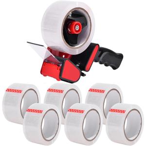 Heavy Duty Tape Dispenser with 6 Clear Packaging Tapes - 48cm X 66m - Metal Dispenser for Moving Boxes, Warehouses or General Packing