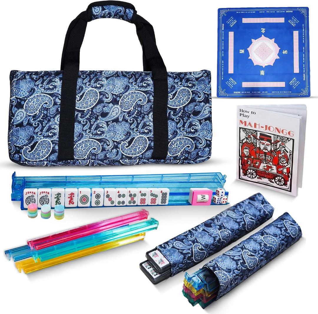 American Mahjong Tile Set with Mat - Premium Quality Melamine Mahjong Set with 166 Scratch-Resistant Tiles, Complete Accessories, and Portable Blue Carrying Case for Timeless Fun