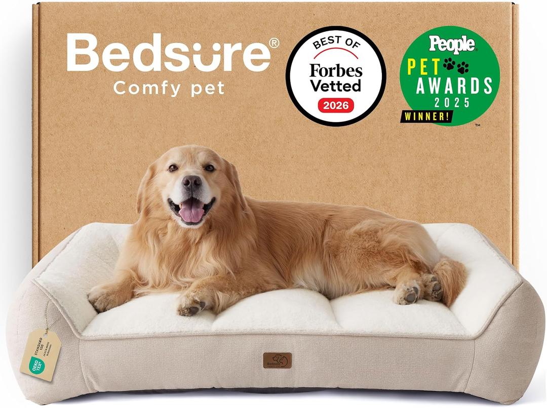 Bedsure SupportMax™ XL Plus Orthopedic Dog Beds Large Sized Dog - Extra Thick Supportive Dogs Couch with Waterproof Washable Cover, Jumbo Comfort Pet Sofa with Soft Sherpa & Nonskid Bottom, Beige, 48"