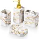 4 Piece Bathroom Accessories Set - White Bathroom Accessory Sets Includes Lotion Dispenser, Toothbrush Holder Tumbler, and Soap Dish - Glossy Finish (Marble, White)