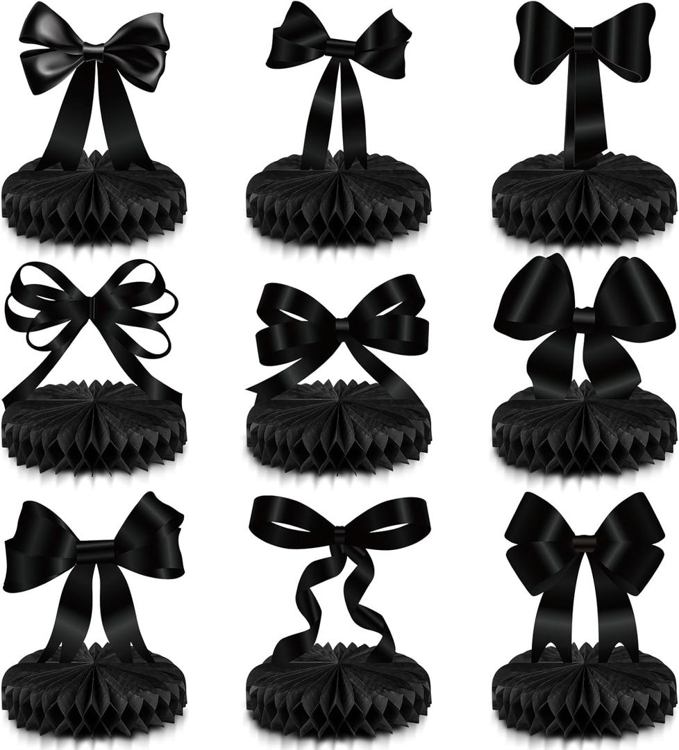 Containlol 9 Pcs Black Bow Birthday Party Decorations Bow Honeycomb Centerpieces Coquette Party Table Decorations Coquette Paper Cutouts Supplies for Bridal Graduation 2026 Bachelorette Decor