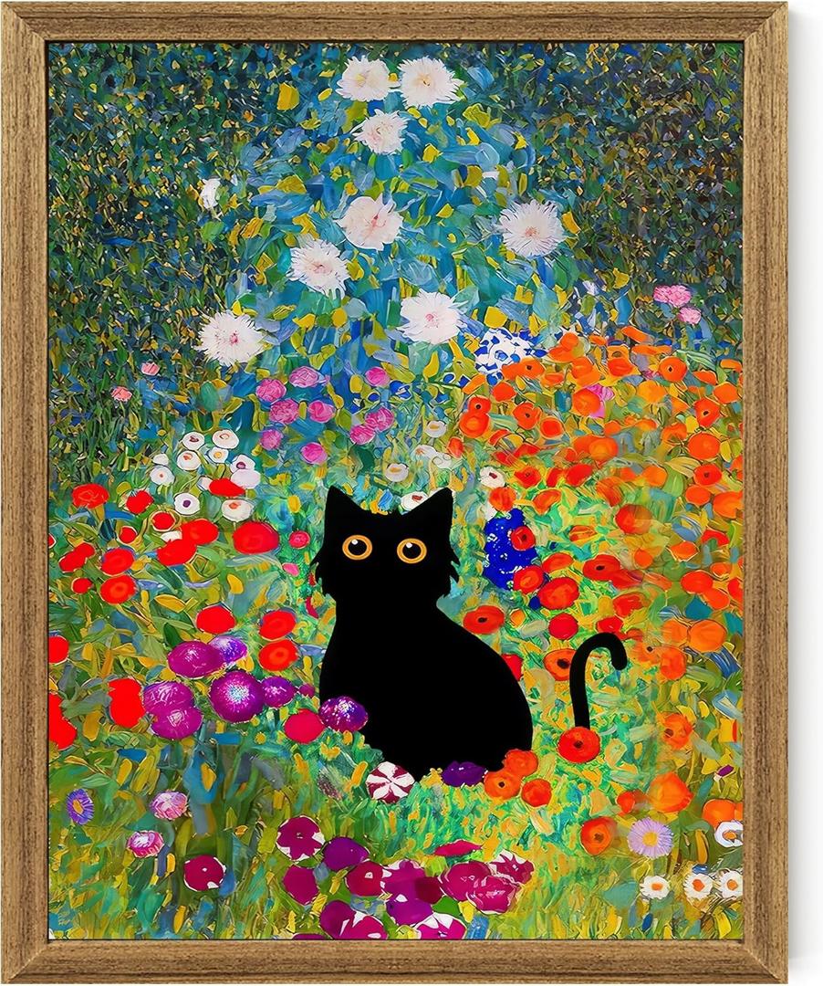 Fantasy Artists Gustav Klimt Canvas Wall Art, Framed Aesthetic Cat Floral Wall Decor, Garden Flower Black Cat Poster Paintings for Living Room Bedroom Bathroon, Dorm Home Decorations, 8" X 10"