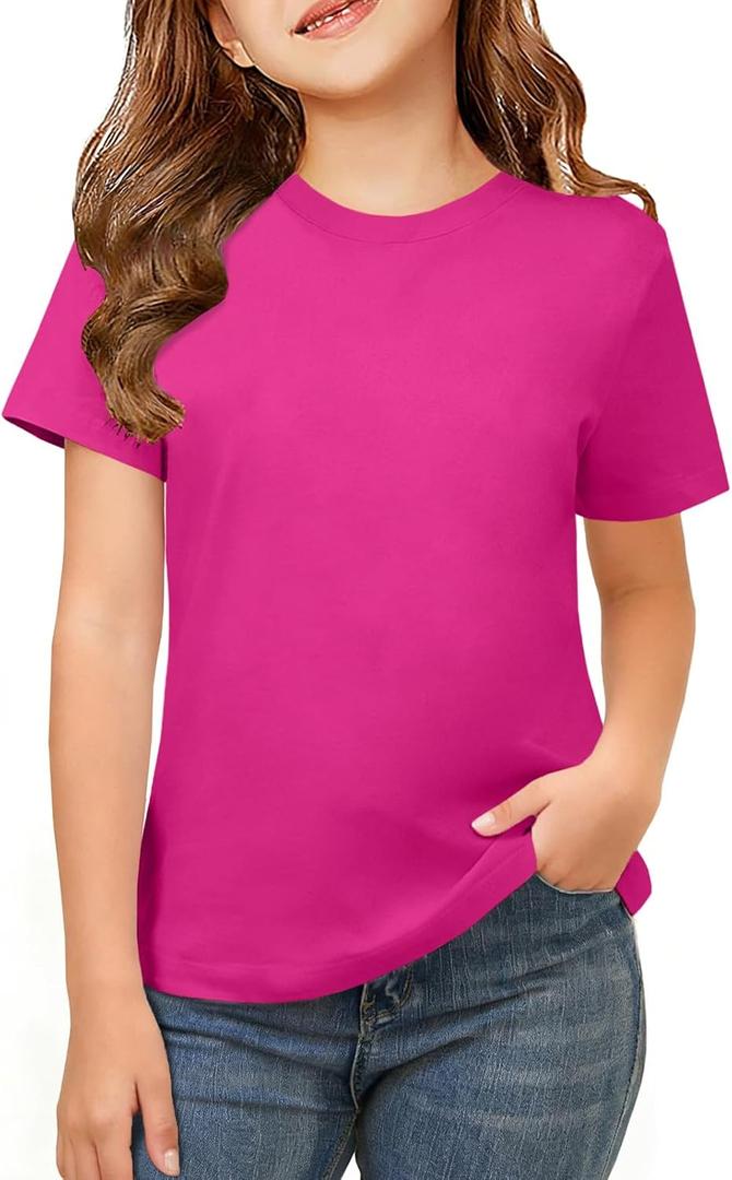 ZDC Girls Short Sleeve Shirts Crewneck T Shirts Kids Summer Tops Basic Tees 5-14 Years (Pink)