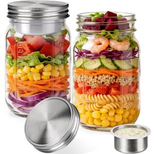 Palksky 32oz Salad Jars with Dressing Cup, 2 Pack Glass Salad Pod Mason Jar, Leak-Proof Stainless Steel Lid, On-the-Go Fresh Food Jar for Lunch & Weekly Prep