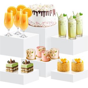 6Pcs Buffet Risers, Food Risers for Buffet, Acrylic Boxes for Display Cube Riser Display Cases Acrylic Square Cube Display Base, White