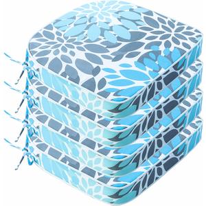 JMGBird Outdoor Chair Cushions Set of 4 Patio Cushions D16 x W17 Inch with Ties, Outdoor Chair Pad for Patio Furniture Upgrade Thicker (Light Blue With White)