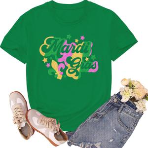 Mardi Gras Shirts for Women Fat Tuesday Tshirts New Orleans Carnival Party Fleur De Lis Tee Tops (Green, L)