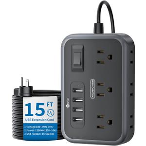 Flat Plug Extension Cord 15 Ft, NTONPOWER 6 Widely Spaced Outlet(2 Side) Power Strip with 4 USB Ports, Wall Mount Charging Station, Overload Protection for Home Office, Dorm Room and Nightstand-Black
