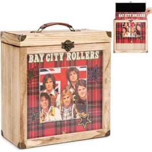 Liaakrr Vinyl Record Storage Box, Solid Wood Record Case with Display Window & Secure Latches, Record Holder Fits 7/10 Inch Records, Holds 3040 Albums, Portable Record Organizer with Handle-Beige