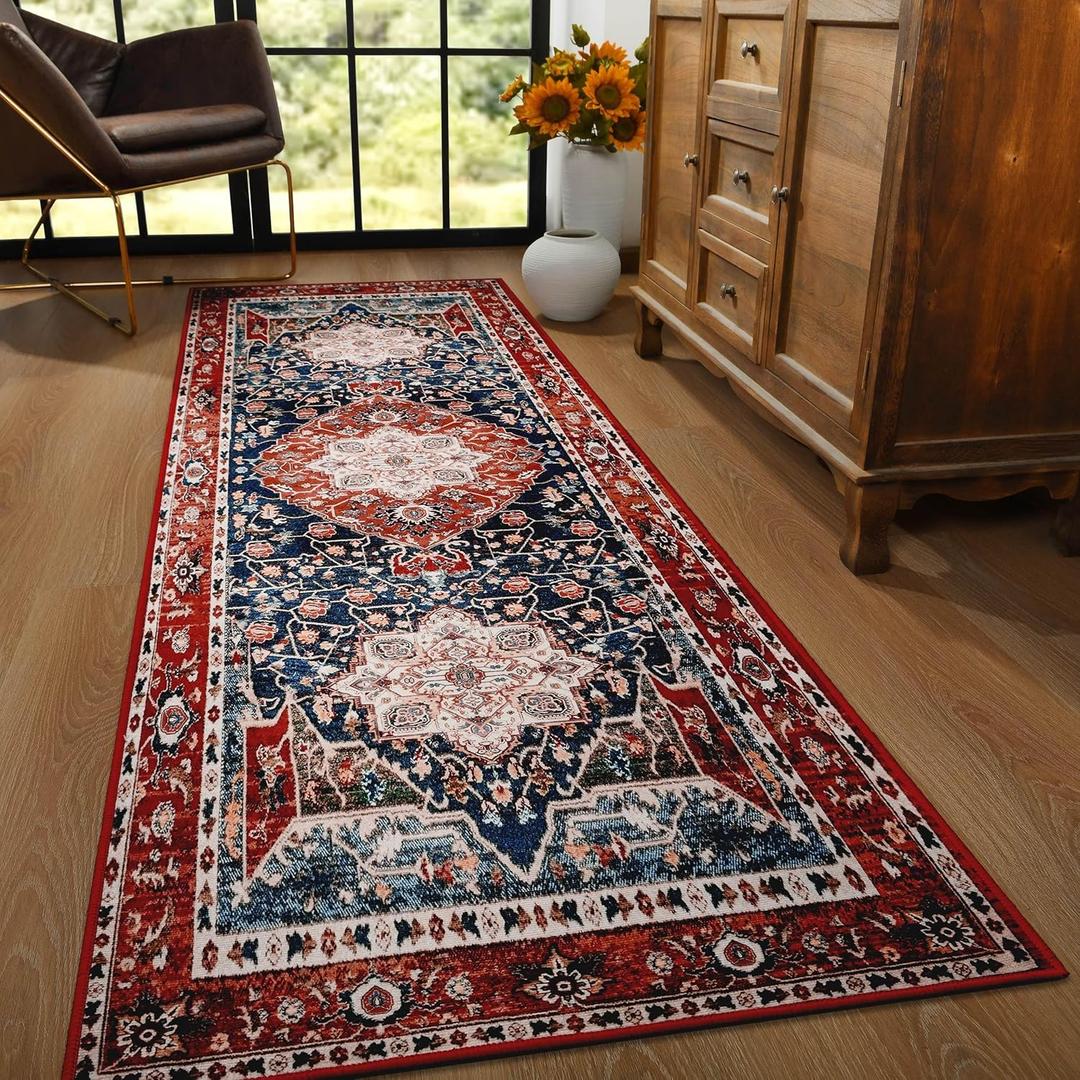 YJ.GWL Area Rug 2.6x8, Machine Washable Hallway Runner Rug, Boho Floral Vintage Distress Print Pattern Carpet, Low Pile Lightweight Thin Rugs for Entryway, Kitchen and Corridor, Red