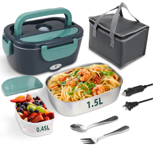 Electric Lunch Box Food Heater, 80W Portable Warmer for Car Truck Work with 304 Stainless Steel Container, 12V/24V/110V Green Heated Lunch Box Suitable for Ideal Driver/Work/Gift