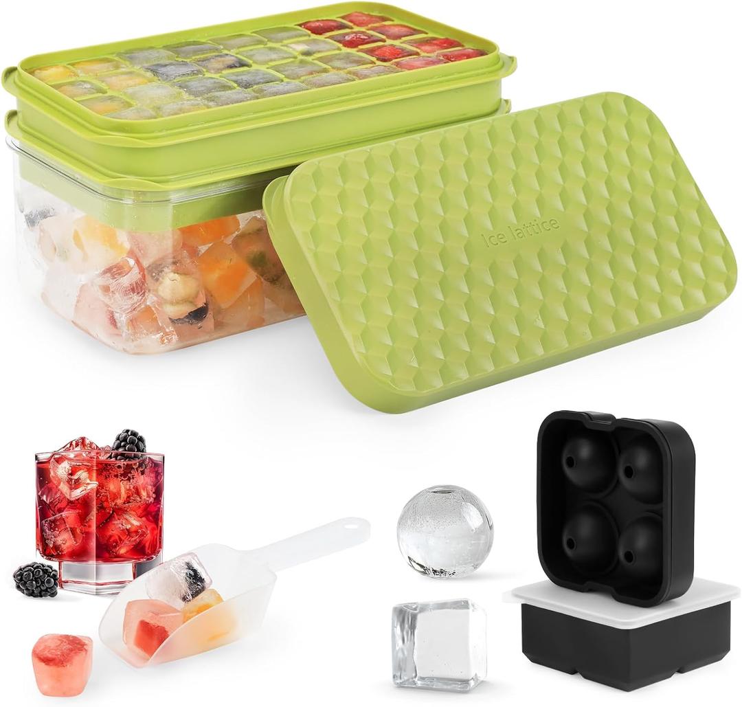 Ice Cube Tray SET, 64 Cube Ice Maker Tray With Easy Press Lid & Large Silicone Molds for Ice Cubes and Spheres (Black) (Green-Black)