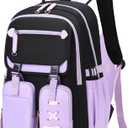 Cute Aesthetic Girls Backpack, Elementary Middle High School Student Book Bag for Kids Teens, Large Capacity Kawaii Preppy Bow Tie Bookbag for Ages 6-8 8-10 10-12 (Purple)