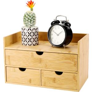 Charmewooden Bamboo Desk Organizer 3 Drawer with Shelf, Countertop Organizer with Drawers Makeup Storage Drawer 3 Drawers Tabletop Storage Organization Box Home Office Workspace